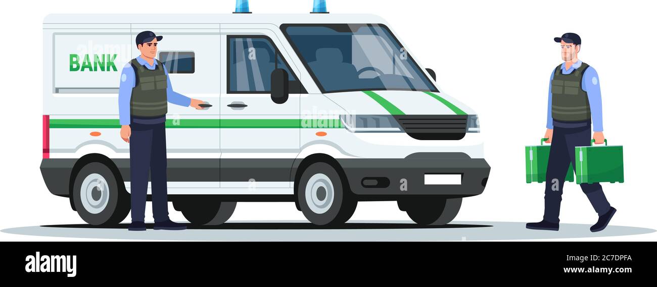Carrello con protezioni semi-piatte RGB a colori. Trasporto di denaro con veicolo blindato. Auto con autorità e vettori. Polizia uomo iso Illustrazione Vettoriale