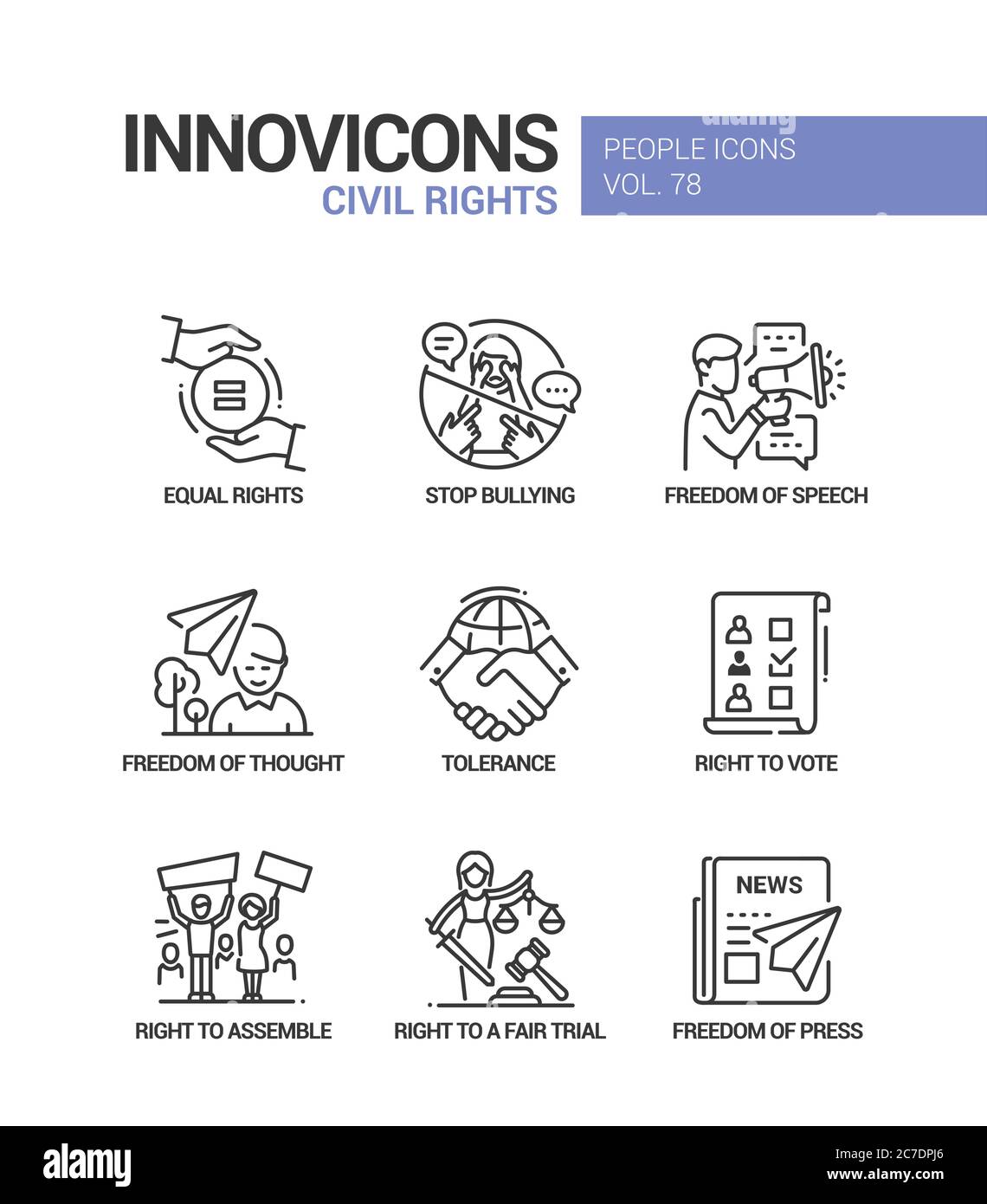 Set di icone di stile di progettazione della linea di concetto di diritti civili Illustrazione Vettoriale