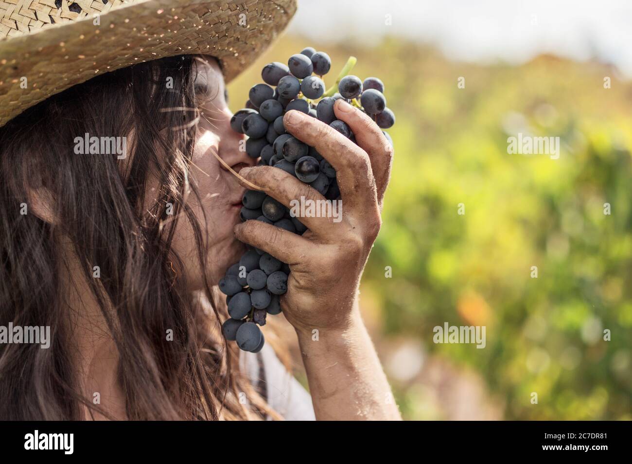 Donna che bacia le uve durante la vendemmia a Puntagorda Foto Stock