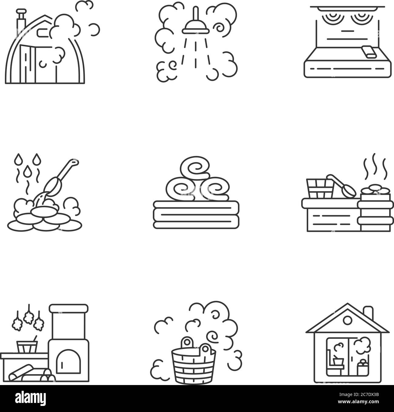 Set di icone lineari perfette pixel bathhouse. Sauna finlandese, bagno turco russo simboli personalizzabili di linee sottili. Ricreazione sana. vecto isolato Illustrazione Vettoriale