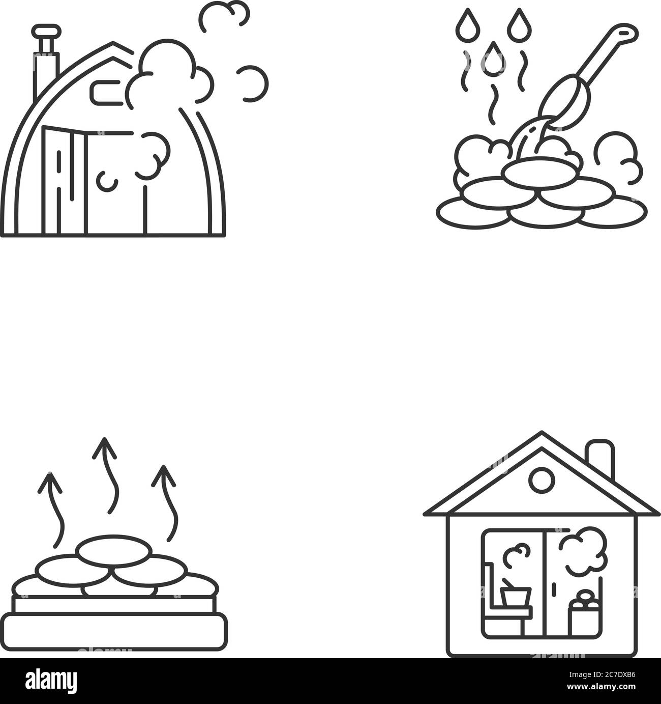 Tipi di sauna pixel Perfect lineare icone set. Bagno turco, riscaldamento a secco, saune interne ed esterne simboli personalizzabili di linee sottili. Vettore isolato ou Illustrazione Vettoriale
