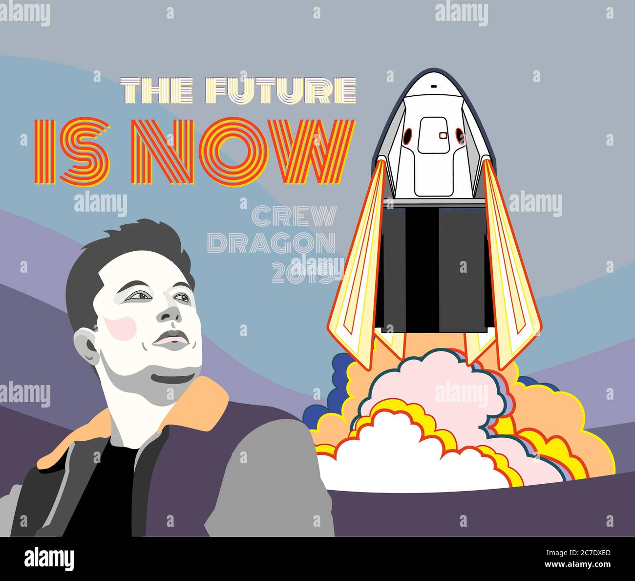 Razzo, vettore spaziale. 2019 marzo, lancio di 2 razzi. Poster vettoriale astronave, Elon Musk, Flame, vapore Illustrazione Vettoriale