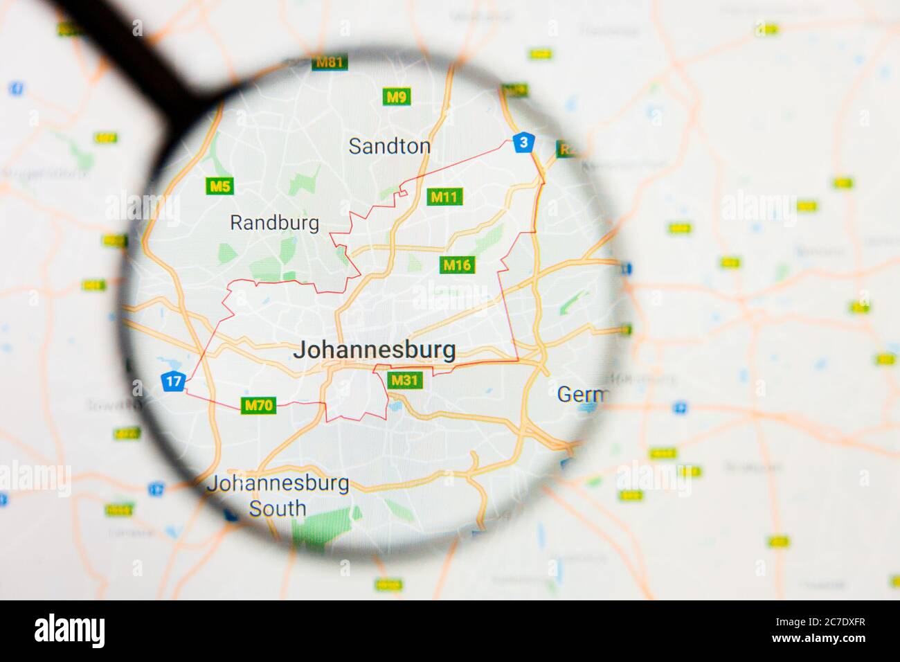 Johannesburg, Sud Africa visualizzazione città concetto illustrativo sullo schermo attraverso lente di ingrandimento Foto Stock