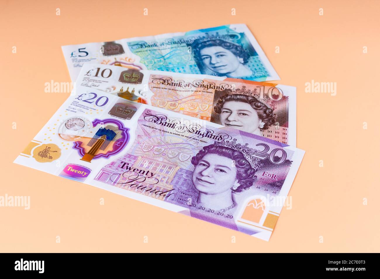 New plastic Polymer British, inglese libbra note, £20, £10, £5 Foto Stock