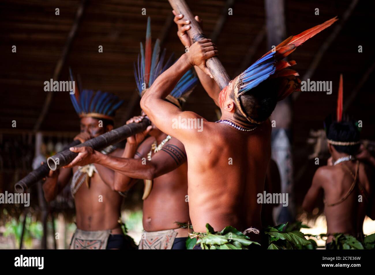 Uomini indigeni che soffiano su uno strumento tradizionale Foto Stock