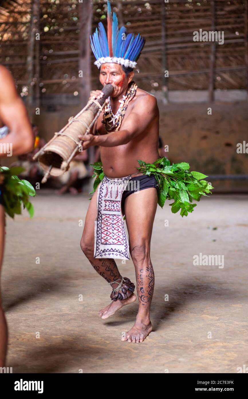 Un uomo indigeno amazzonico che indossa un copricapo piumato e una vernice per il viso suona uno strumento cerimoniale, celebrando le tradizioni culturali del Brasile Foto Stock