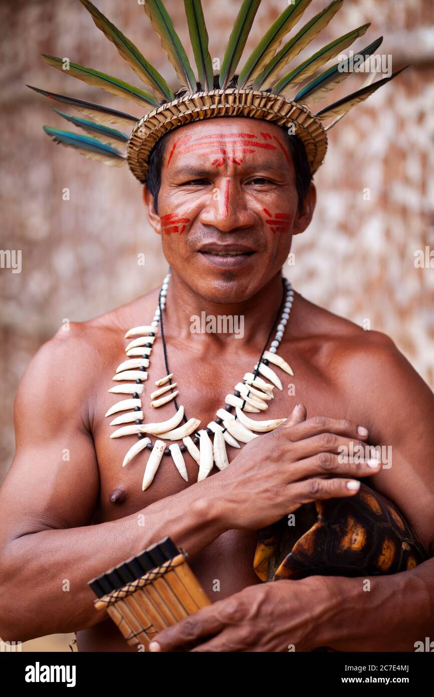 Ritratto di un uomo indigeno amazzonico che indossa un tradizionale copricapo piumato e un volto dipinto, che mostra la ricca cultura della tribù nativa del Brasile Foto Stock