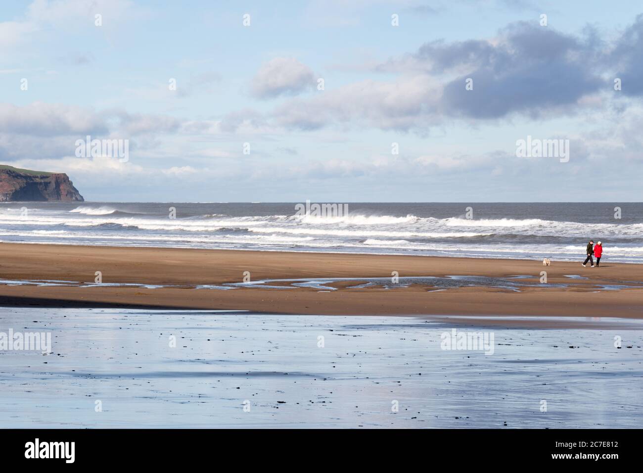 Persone che camminano i loro cani sulla spiaggia di sabbia lungo la costa di Whitby. REGNO UNITO Foto Stock