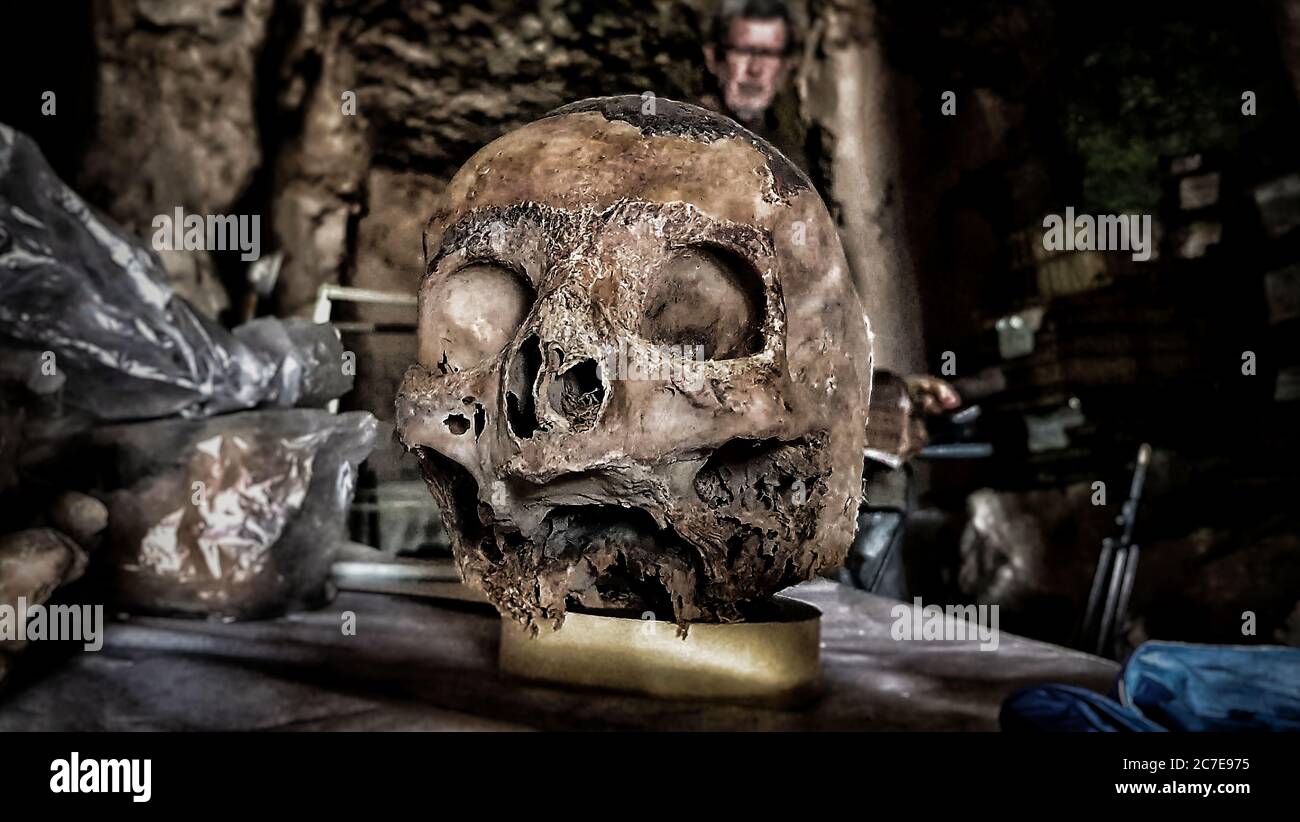 Cranio umano in esame in una tomba egiziana Foto Stock