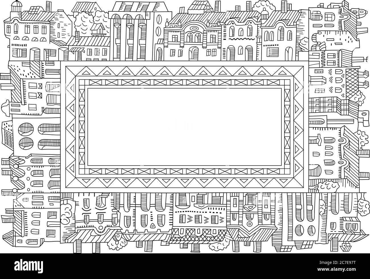 Vettore disegnata a mano case cartoni animati lineari cornice. Illustrazione Vettoriale