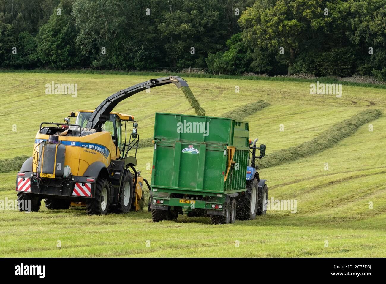 Veicoli agricoli che raccolgono insilato in una fattoria dello Yorkshire in Inghilterra, Regno Unito Foto Stock