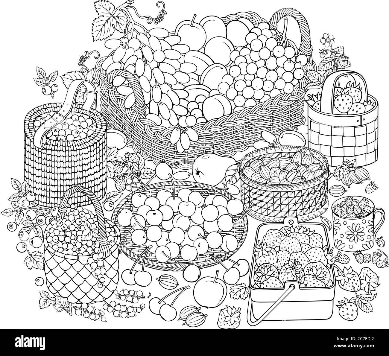 Un sacco di frutta e bacche in cestini Illustrazione Vettoriale