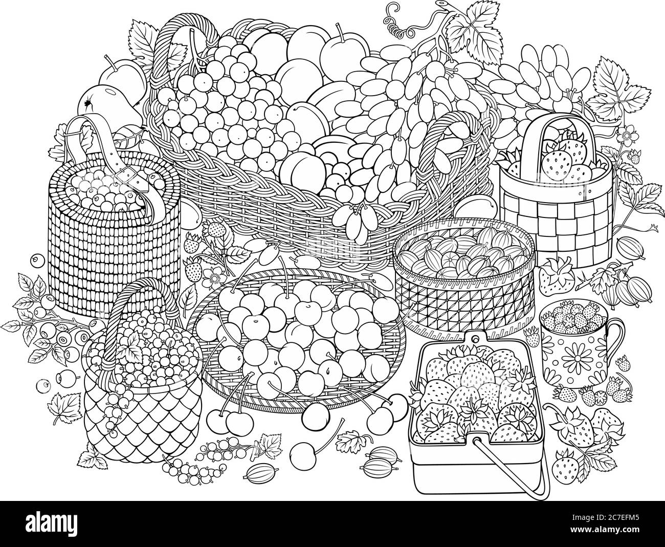 Un sacco di frutta e bacche in cestini Illustrazione Vettoriale