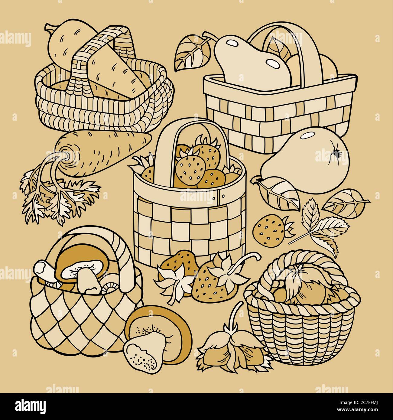 Frutta e verdura in cestini. Illustrazione Vettoriale