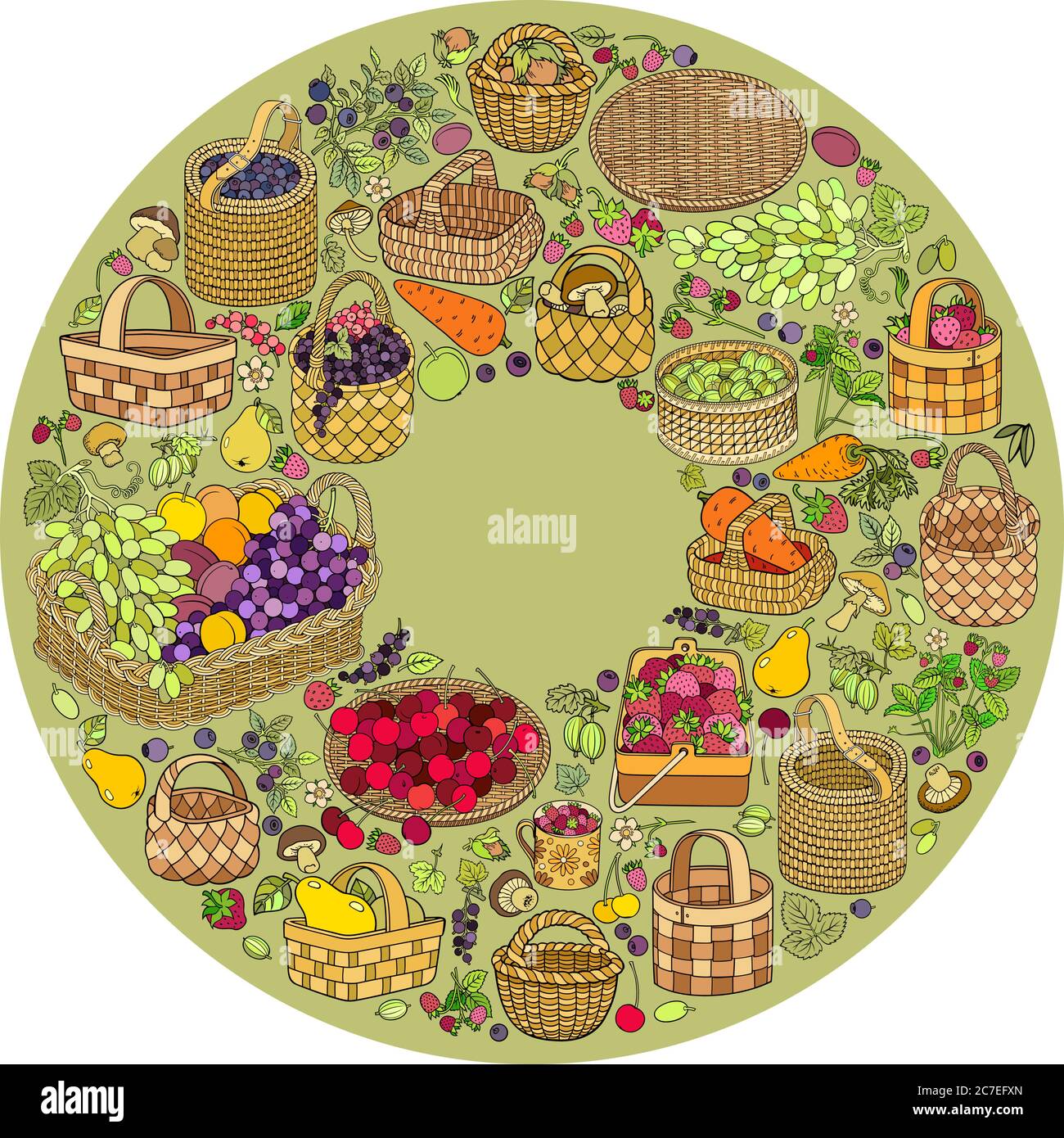 Un sacco di frutta, verdura e bacche in cestini Illustrazione Vettoriale