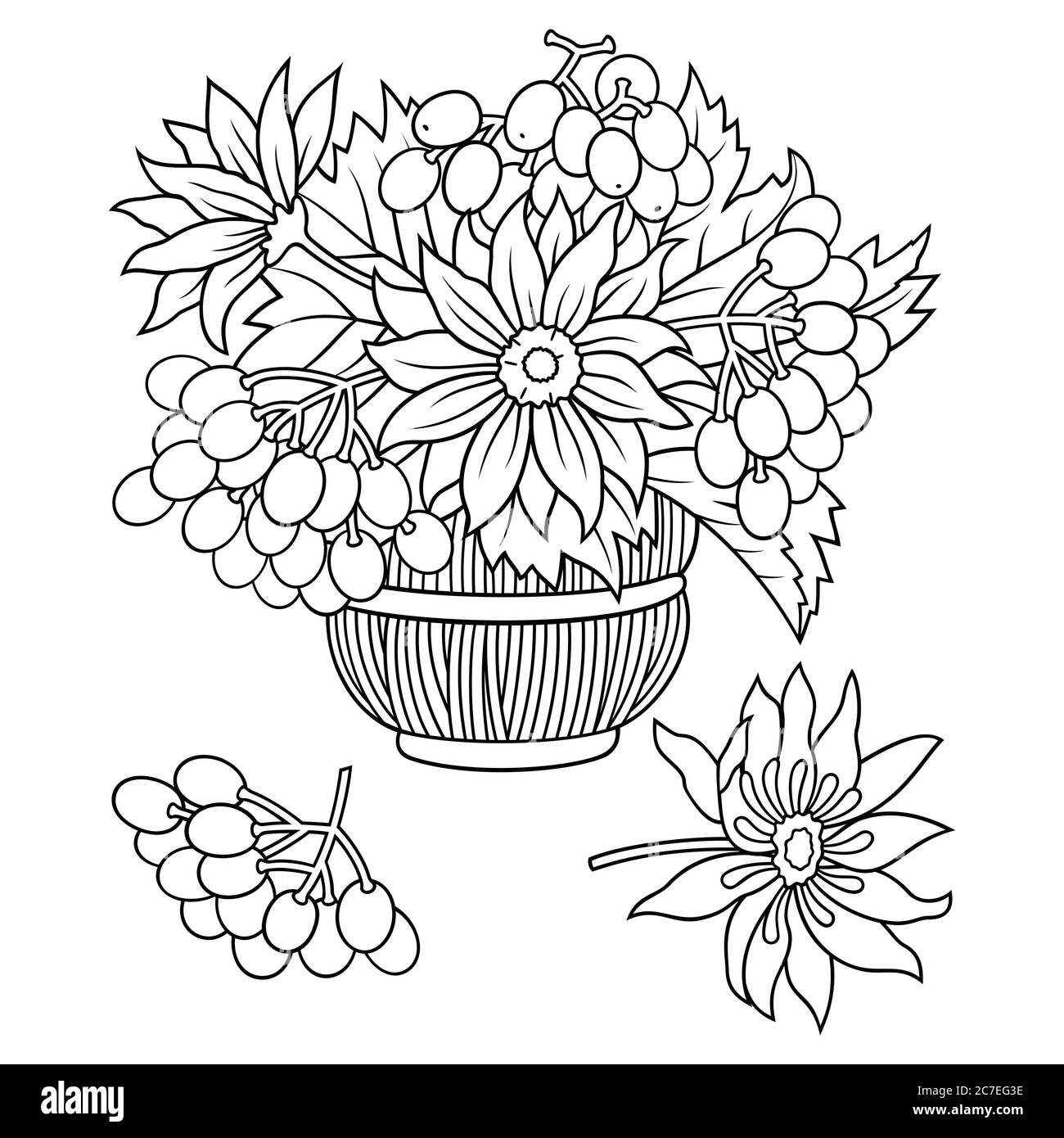 Bouquet di fiori, frutti di bosco doodles illustrazione Illustrazione Vettoriale