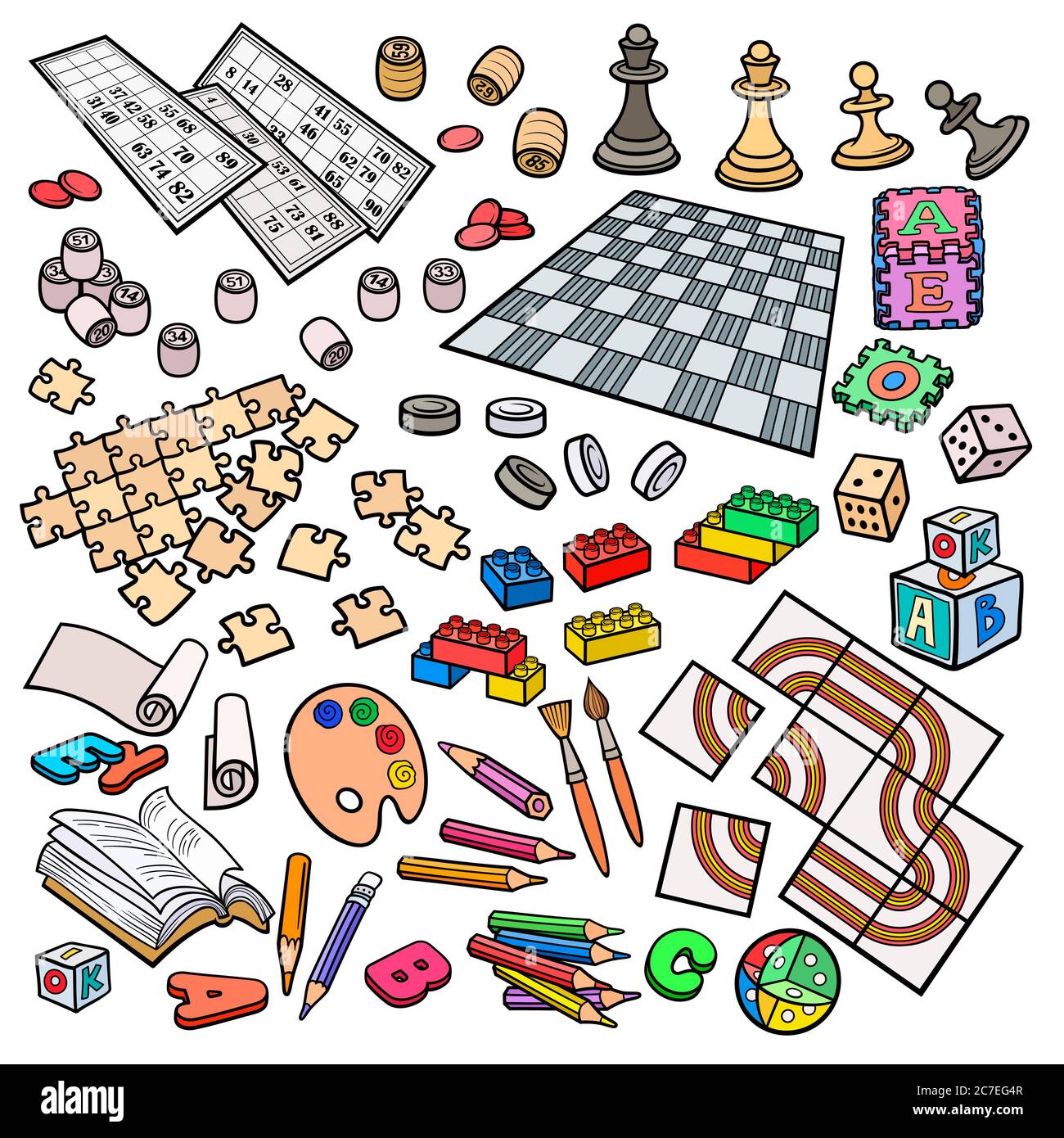 Cartoon doodles giocattoli disegnati a mano per bambini oggetti set Illustrazione Vettoriale