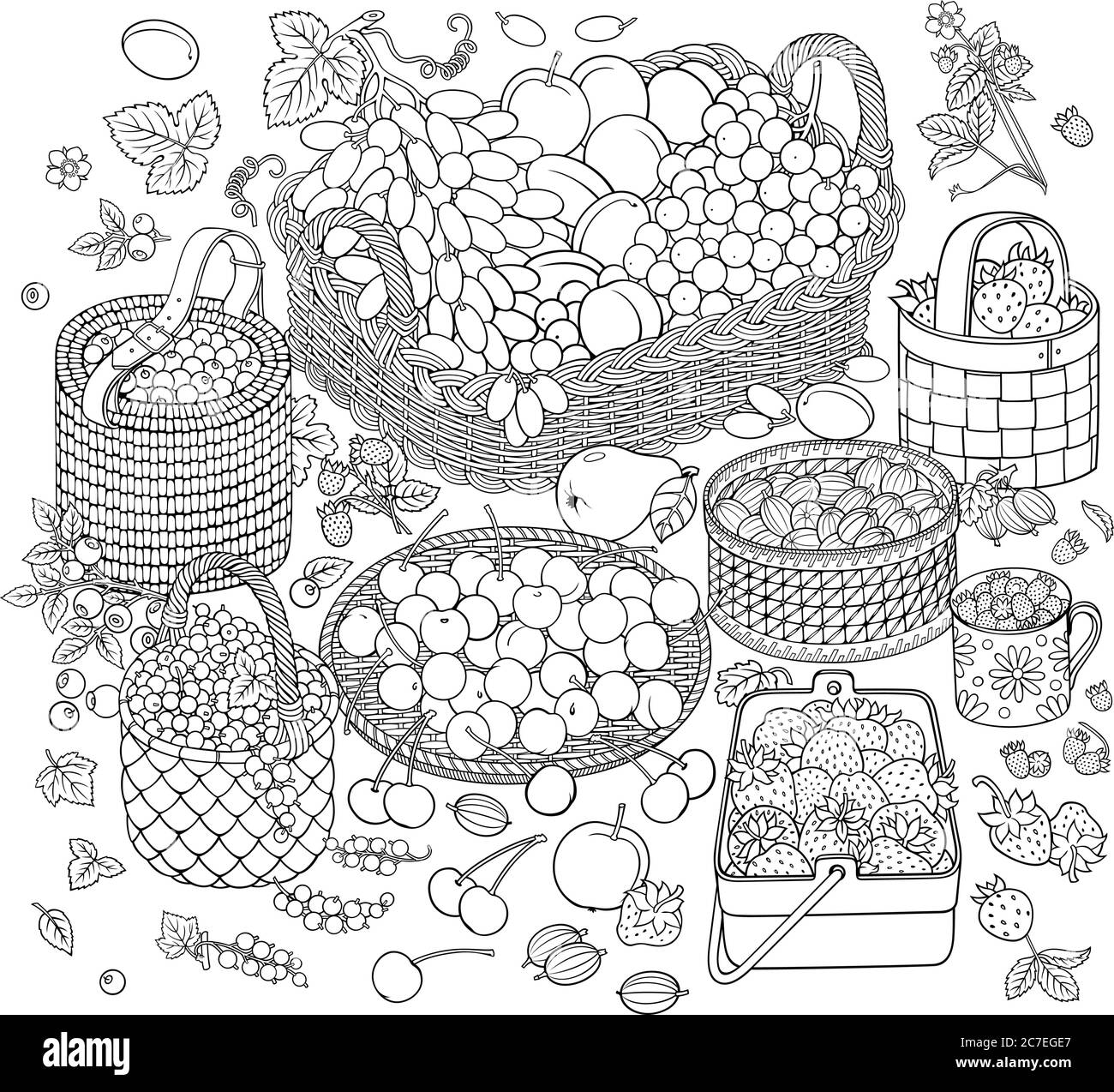 Un sacco di frutta e bacche in cestini Illustrazione Vettoriale