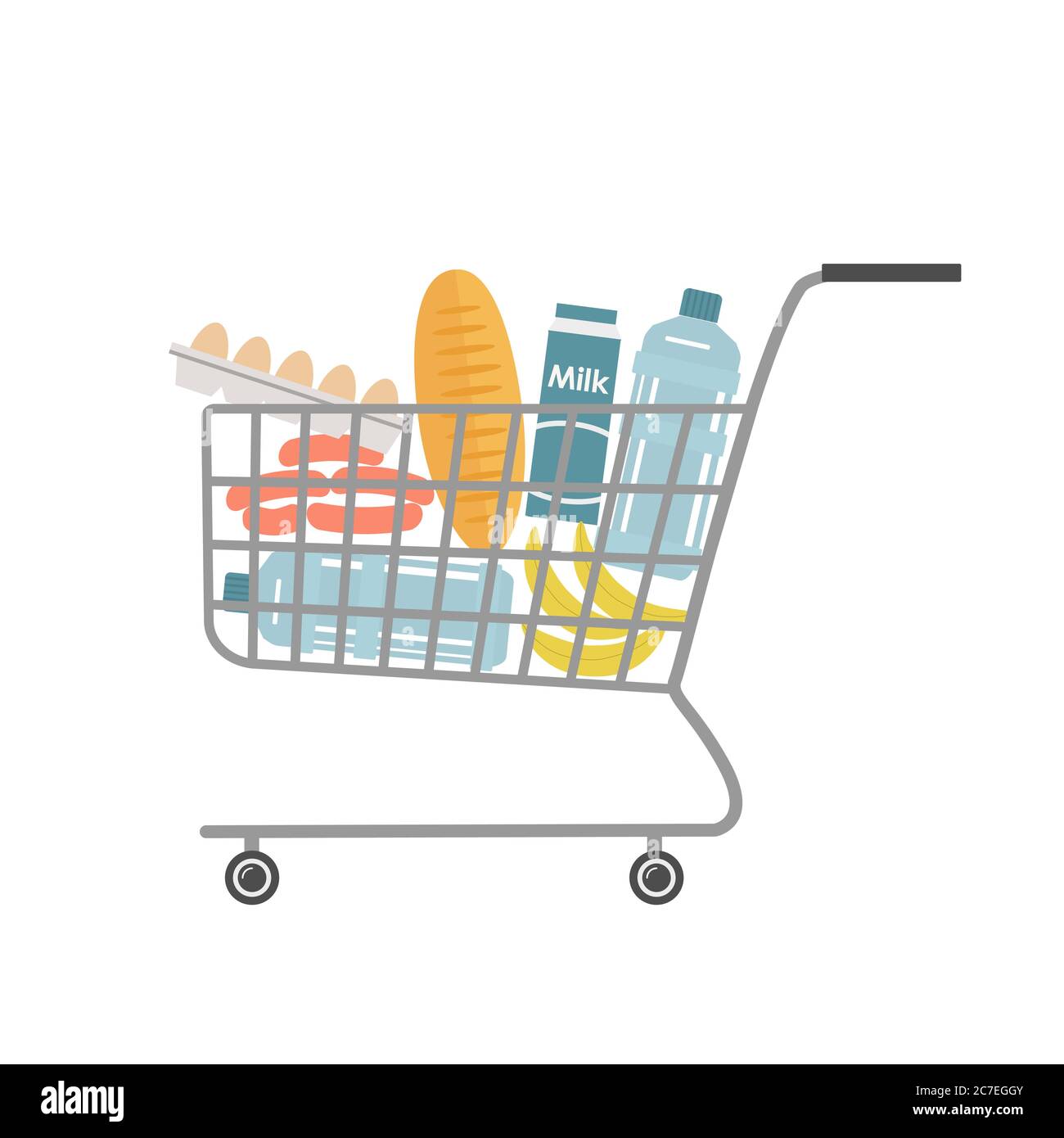 Carrello di shopping supermercato pieno di cibo e drinks.There è un pane, bottiglie d'acqua, un latte, salsiccia, uova e altri prodotti nella foto. Vettore Illustrazione Vettoriale