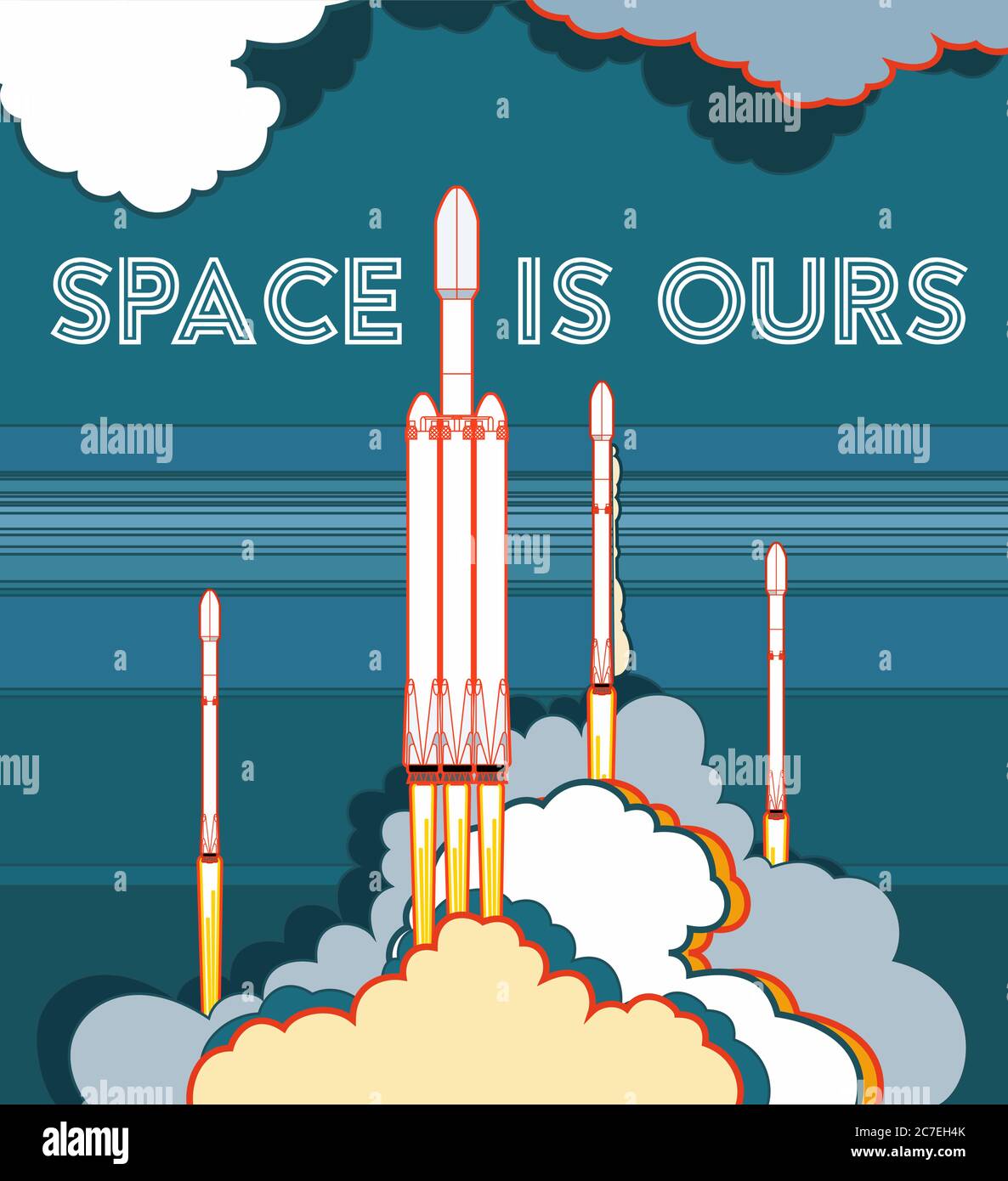 Razzo spazio craft vettore lancio razzo. Poster vettoriale navicella spaziale, fiamma vapore sfondo blu. Poster spazio verticale Illustrazione Vettoriale