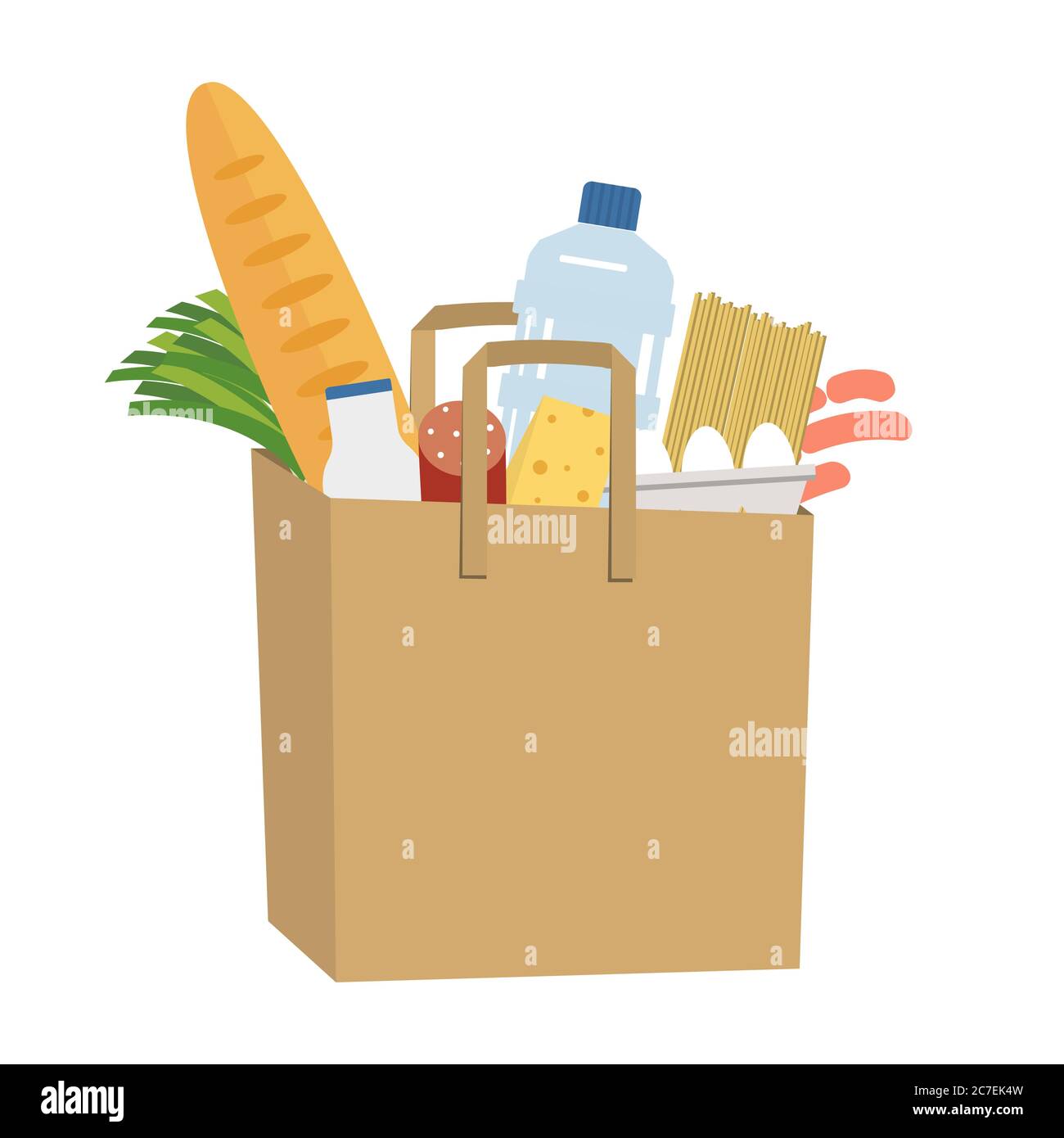 Shopping bag piena di cibo e bevande. Concetto di consegna di cibo. C'è un pane, una bottiglia di latte, acqua, salsiccia, formaggio, spaghetti, uova, ecc. Illustrazione Vettoriale
