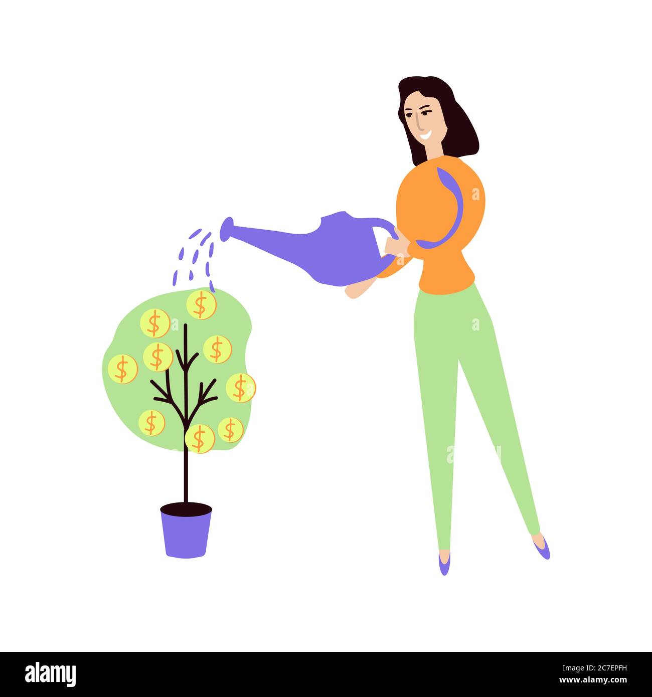 Ragazza acqua albero di denaro, investimento e ricchezza concetto Illustrazione Vettoriale