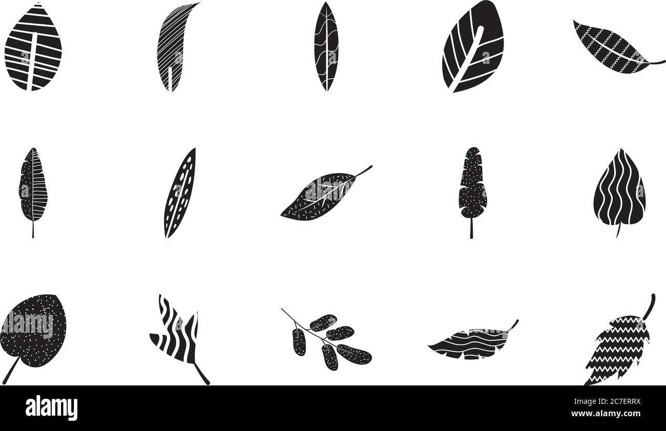 insieme di icone di foglie di palma tropicali astratte su sfondo bianco, stile silhouette, illustrazione vettoriale Illustrazione Vettoriale