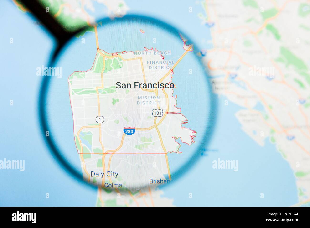 San Francisco, Stati Uniti City visualizzazione concetto illustrativo sullo schermo attraverso lente di ingrandimento Foto Stock