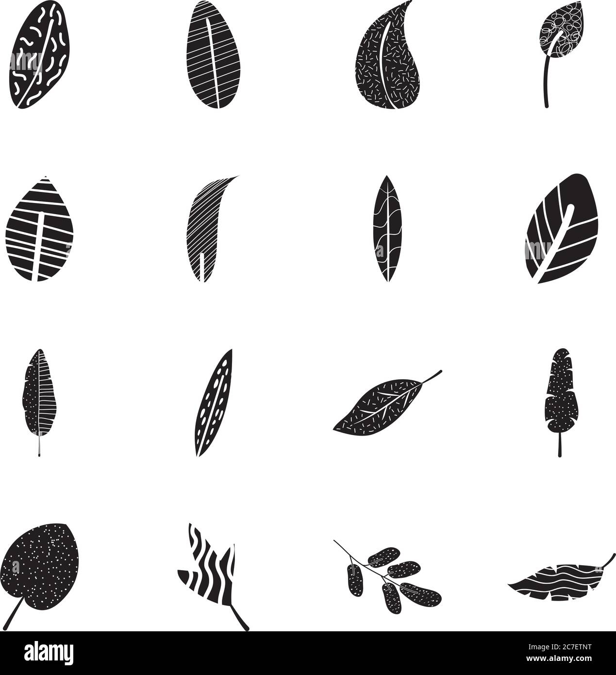 insieme di icone di foglie di edera e di foglie tropicali astratte su sfondo bianco, stile silhouette, illustrazione vettoriale Illustrazione Vettoriale