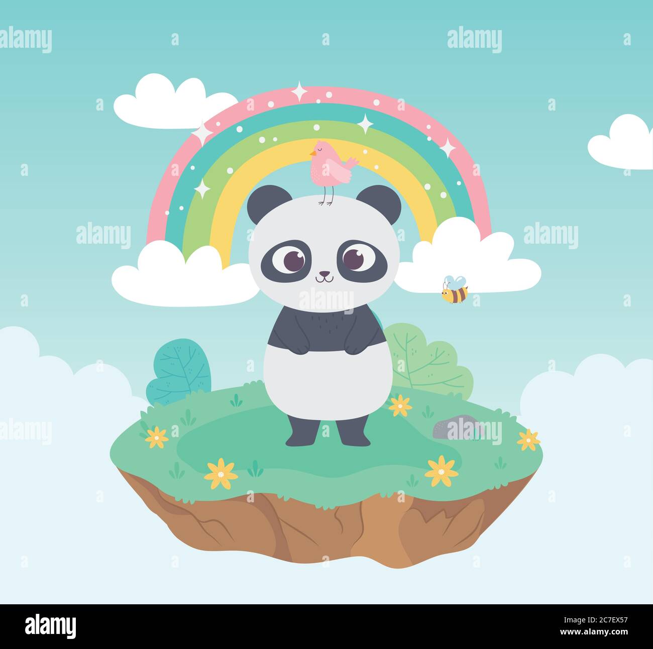 carino panda con uccelli e api animali adorabili con fiori e l'arcobaleno  cartoon illustrazione vettore Immagine e Vettoriale - Alamy