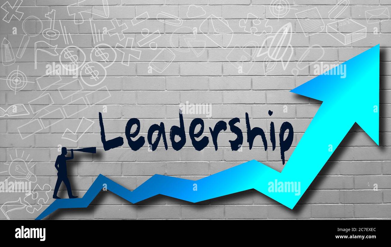Parola di leadership sul muro con freccia blu. rendering 3d Foto Stock