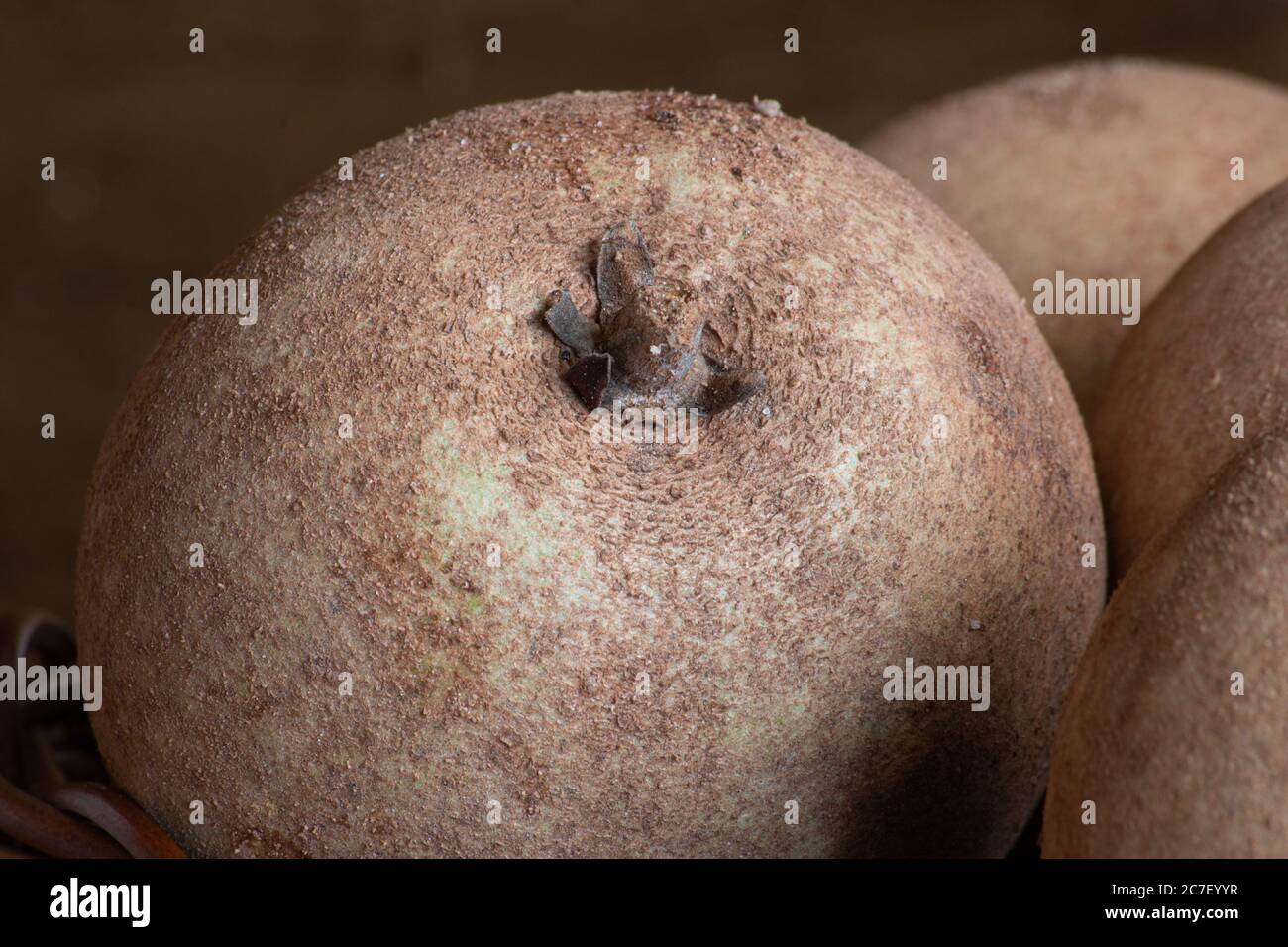 Sapotis frutta esotica vista ravvicinata della consistenza Foto Stock