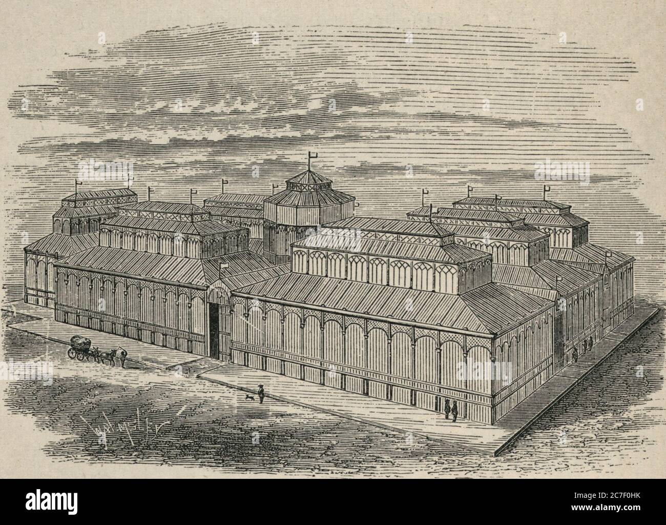 Vista dall'alto del mercato su Place de la Cebada, Madrid, progettato da E. Mathieu, circa 1877 Foto Stock