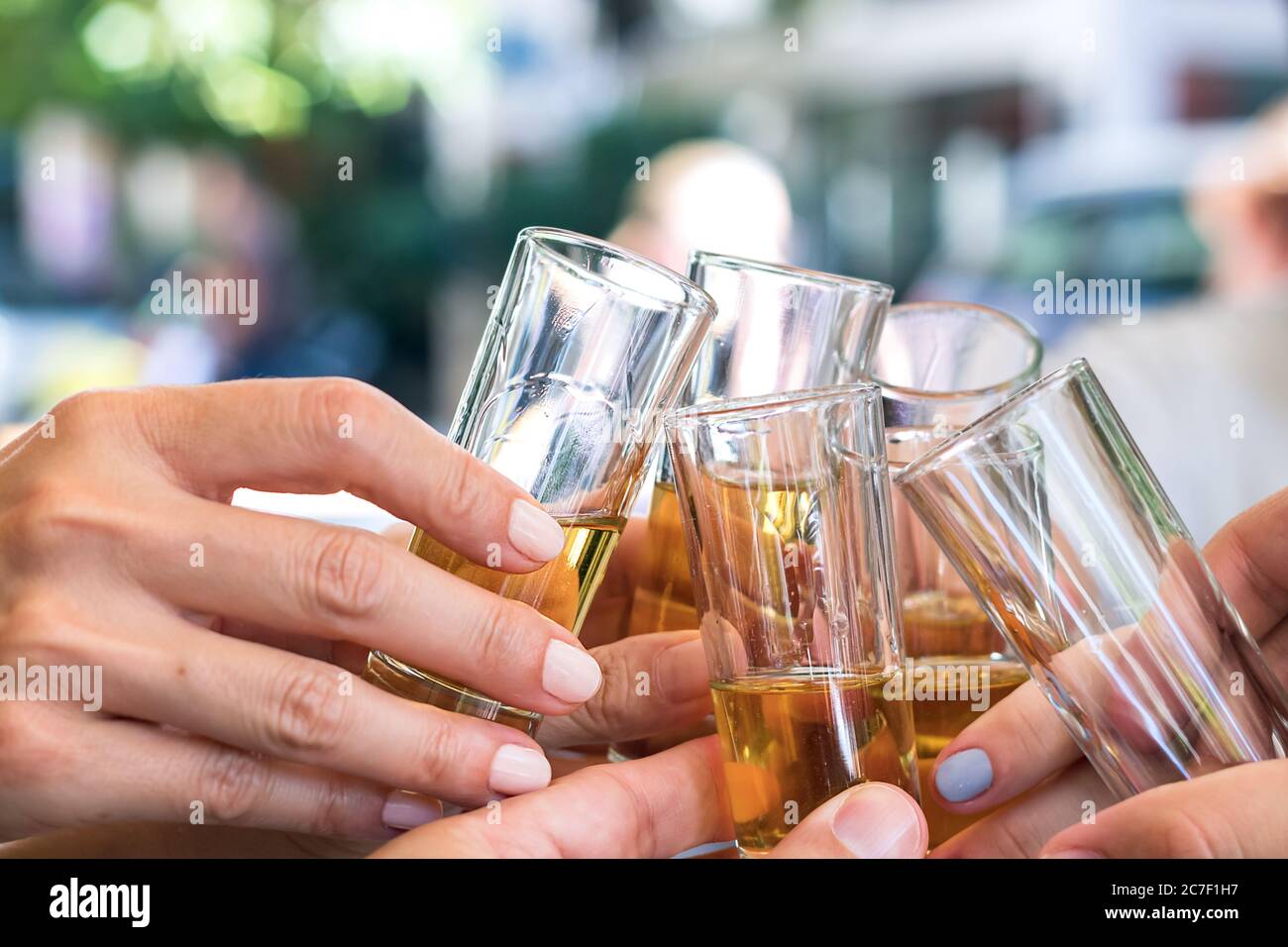 Mani femminili che tengono i bicchieri e tostano, festeggiamenti, all'aperto Foto Stock