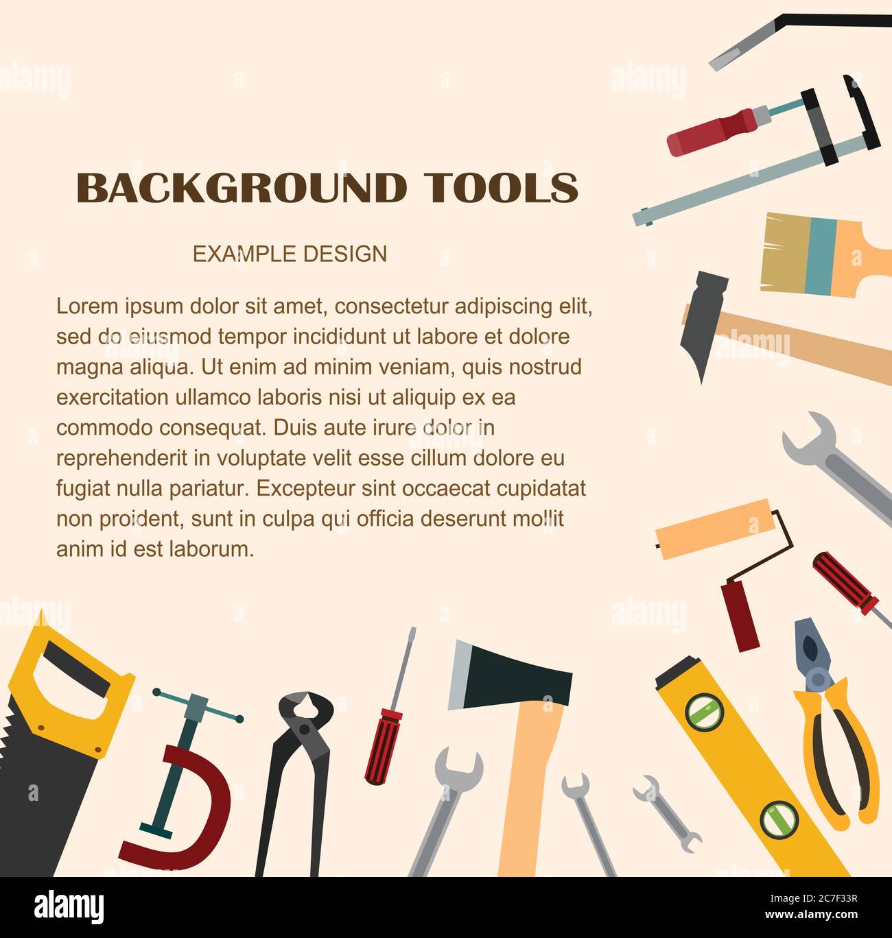 Strumenti di costruzione. Sfondo per il testo. Costruzione, decorazione, riparazione di case, uffici. Servizi di riparazione. Kit di attrezzi. Vendita, affitto. Attrezzi manuali. Set. SH Illustrazione Vettoriale