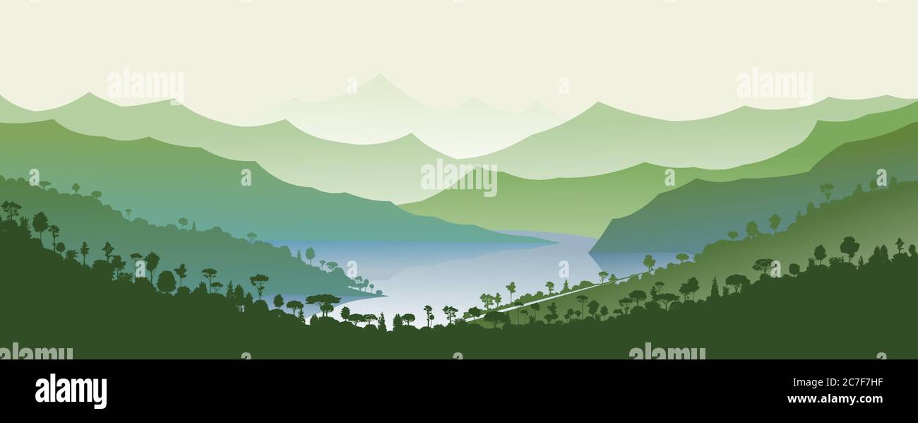Montagne silhouette paesaggio vettore. Scenario della gamma di montaggio. Panorama dello skyline. Orizzonte. Foresta decidua, alberi verdi. Art. Bella vista. Illustrazione Vettoriale