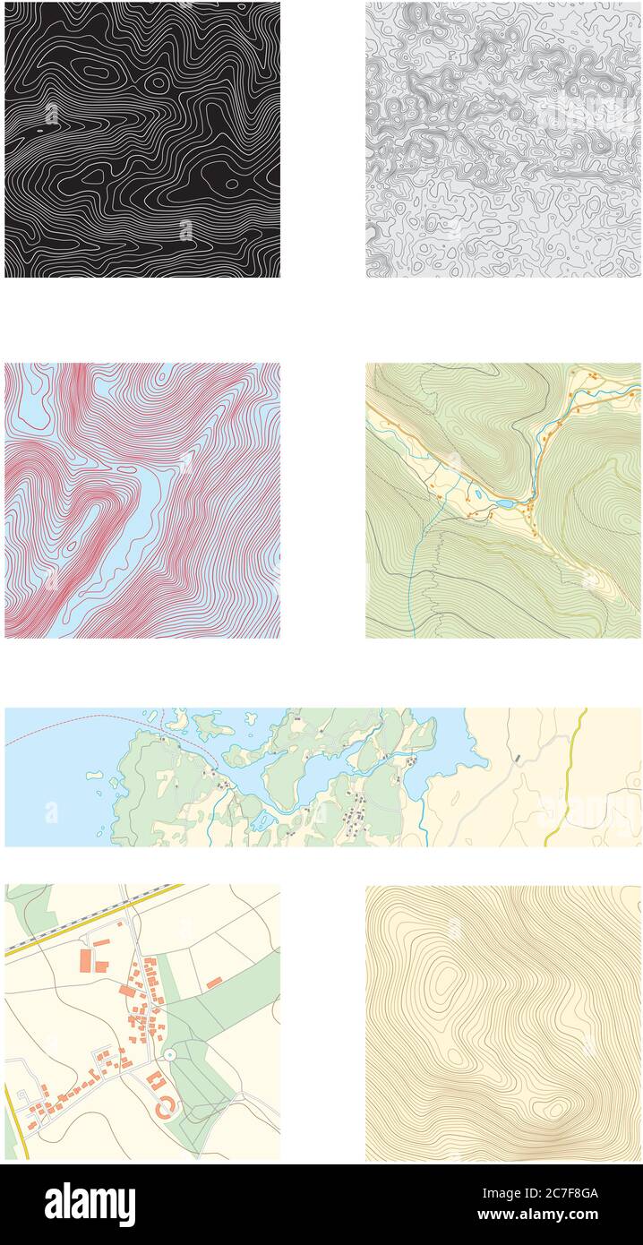 sette diverse mappe vettoriali astratte topografiche e castrali Illustrazione Vettoriale