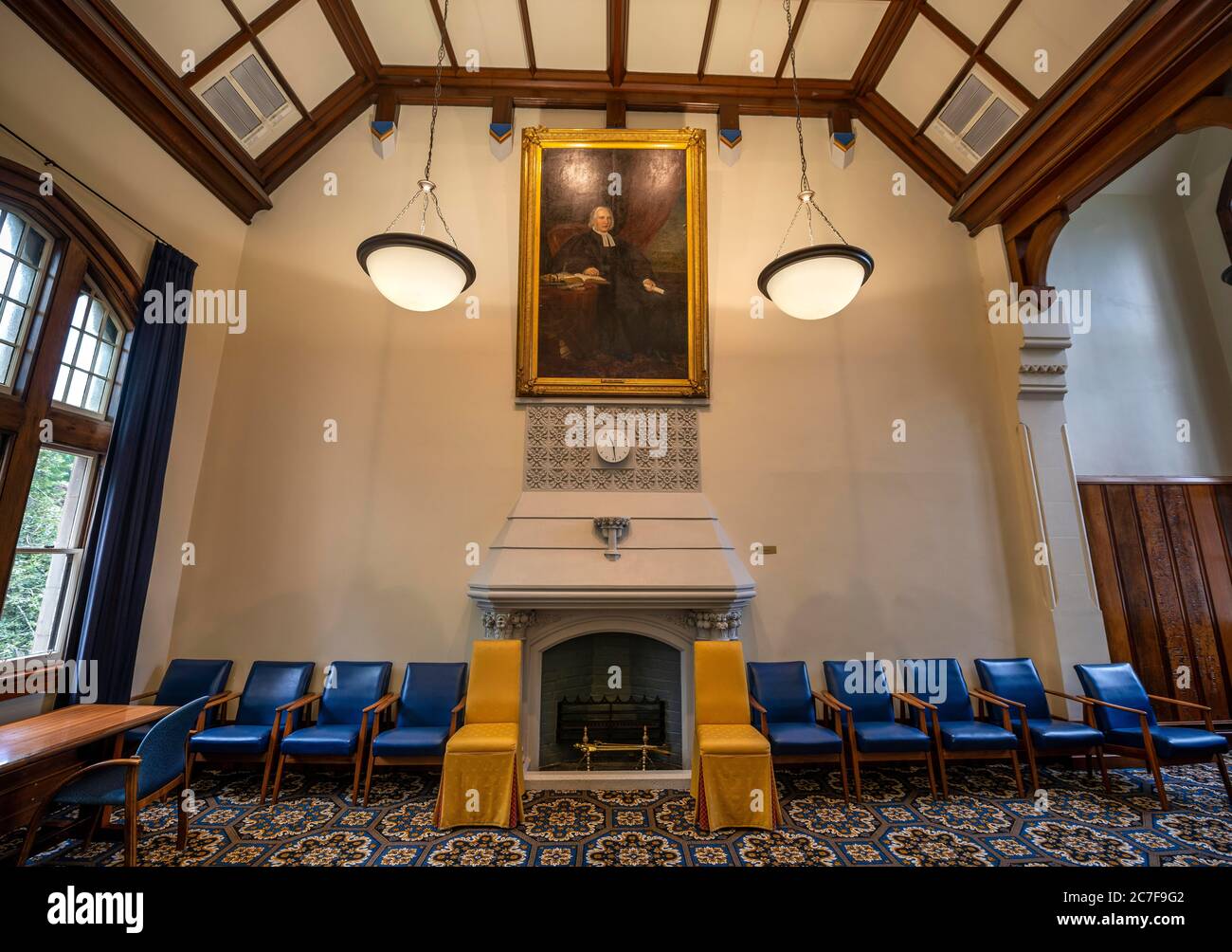 Sala del Consiglio, sala riunioni del Consiglio Universitario, edificio principale neogotico antico, Università di Otago, Dunedin, Otago, Nuova Zelanda Foto Stock