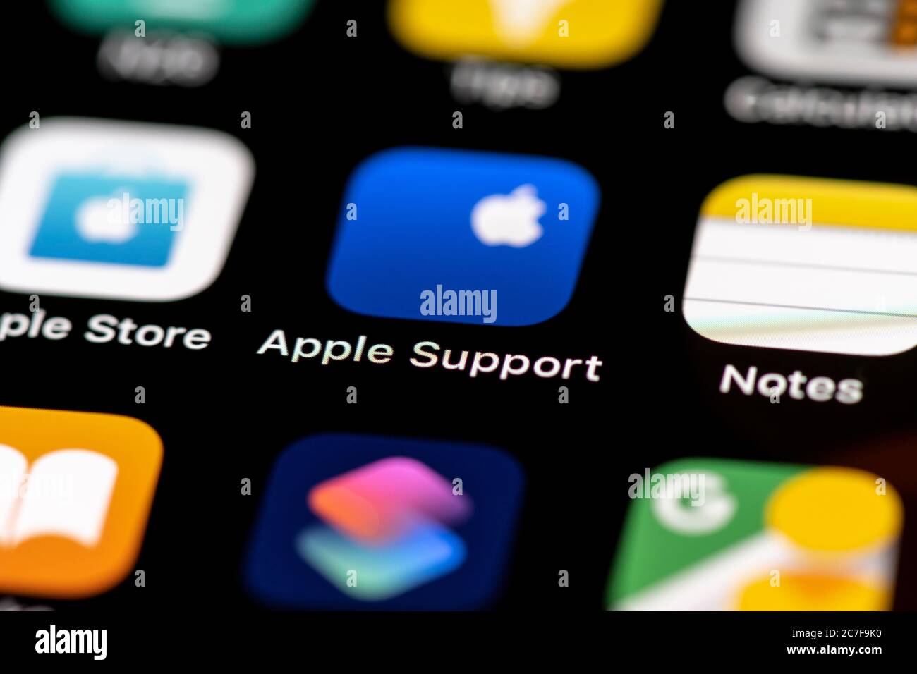 Supporto Apple, icone delle app sul display di un telefono cellulare, iPhone, smartphone, primo piano Foto Stock