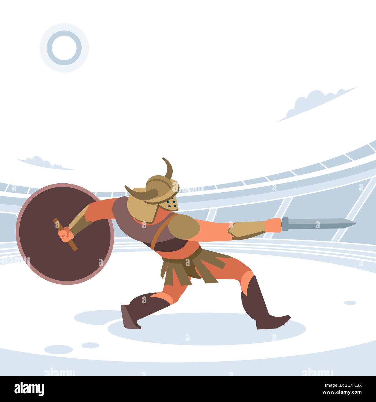 Gladiator in una battaglia. Illustrazione vettoriale isolata. Stile cartoon piatto Illustrazione Vettoriale