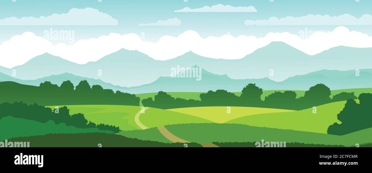Colline orizzonte di montagna. Illustrazione vettoriale. La strada, il villaggio. Campagna rurale. Cielo blu con nuvole bianche. Vista della pianura. Illustrazione Vettoriale