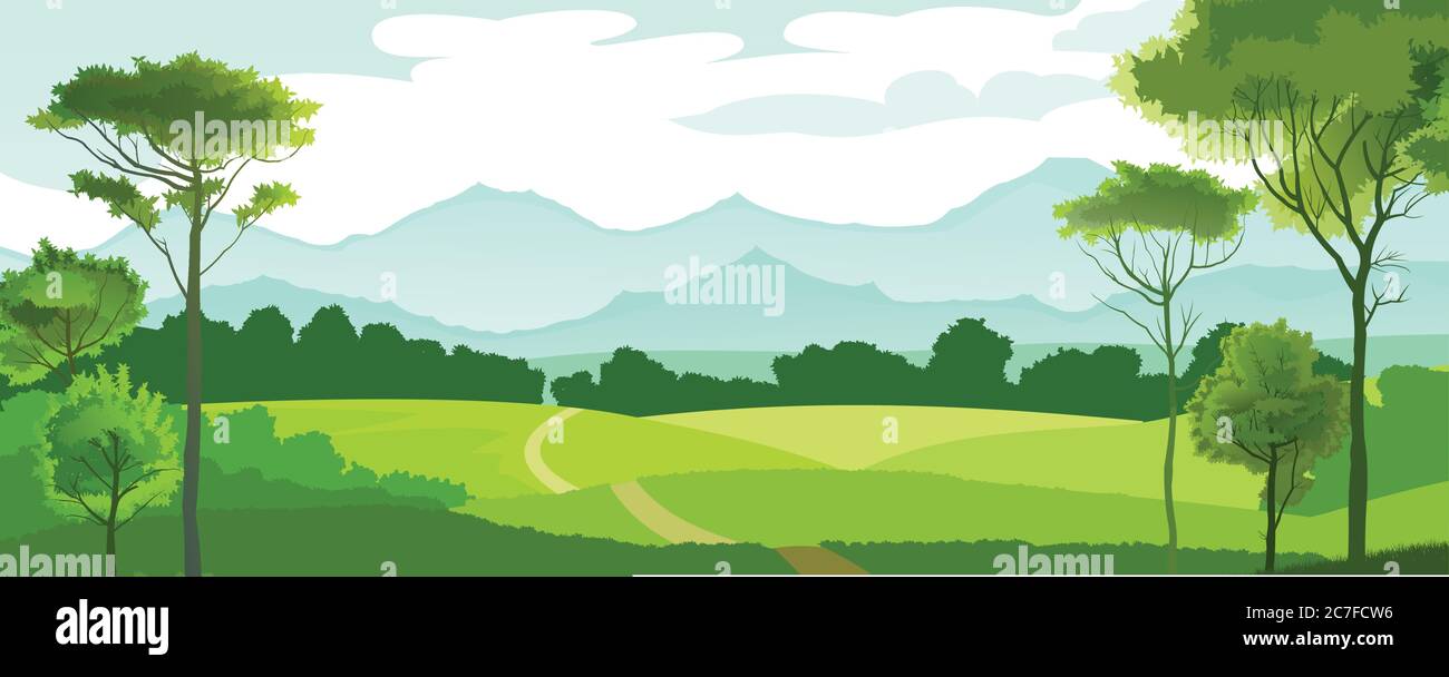 Colline orizzonte di montagna. Illustrazione vettoriale. La strada, il villaggio. Campagna rurale. Cielo blu con nuvole bianche. Vista della pianura. Illustrazione Vettoriale
