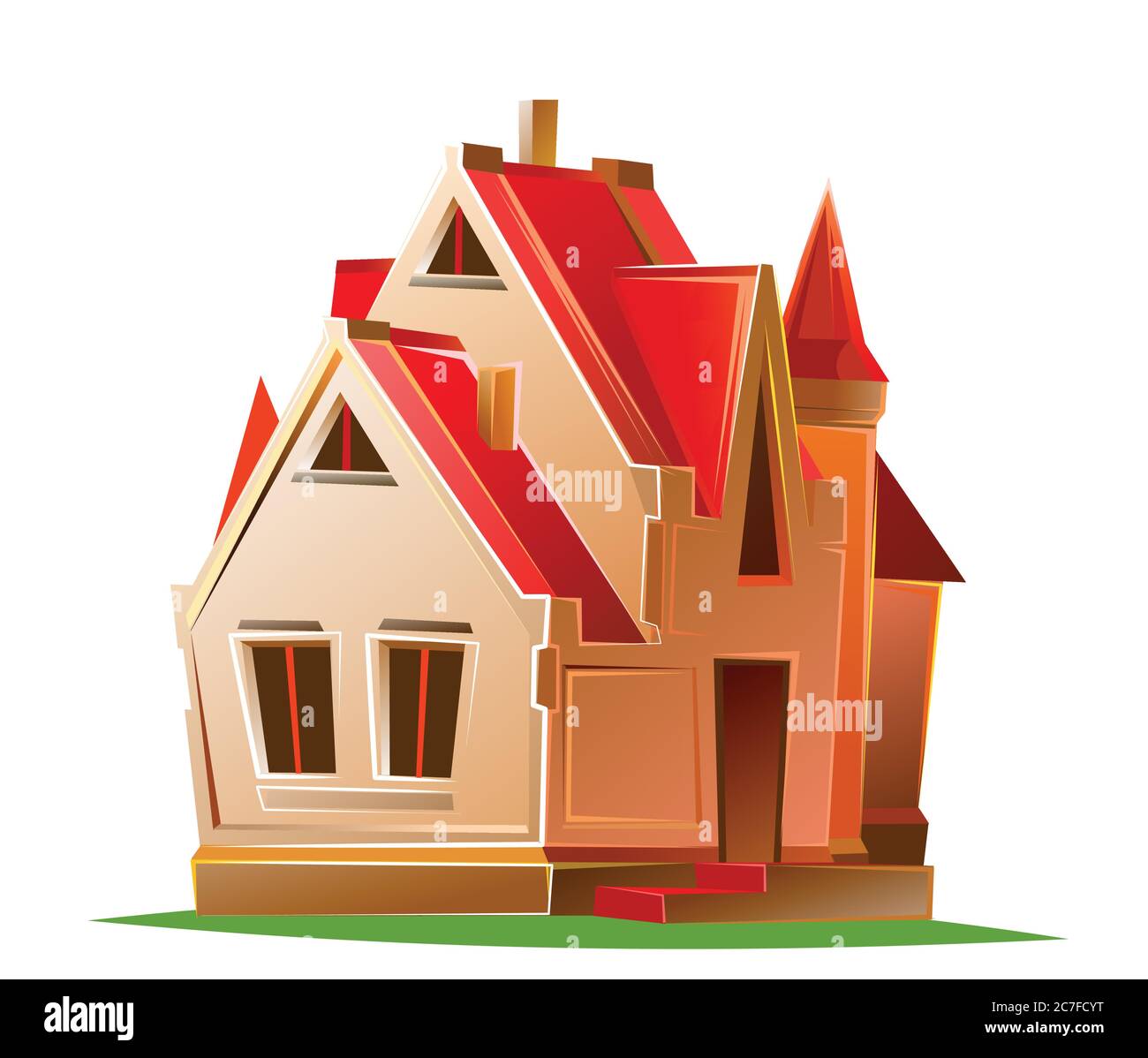 Casa del cartone animato. Accogliente cottage con tetto rosso. Oggetto vettore isolato su sfondo bianco. Bellissimo edificio. Villaggio rurale, sobborgo. Carino da favola Illustrazione Vettoriale
