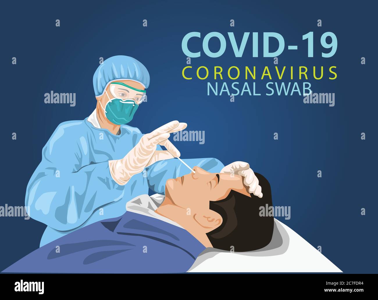 Un uomo è ingoiato per un test Covid-19. Per velocizzare il test del virus corona, un nuovo tipo di tampone nasale. Info grafica illustrazione vettoriale creativa. Illustrazione Vettoriale