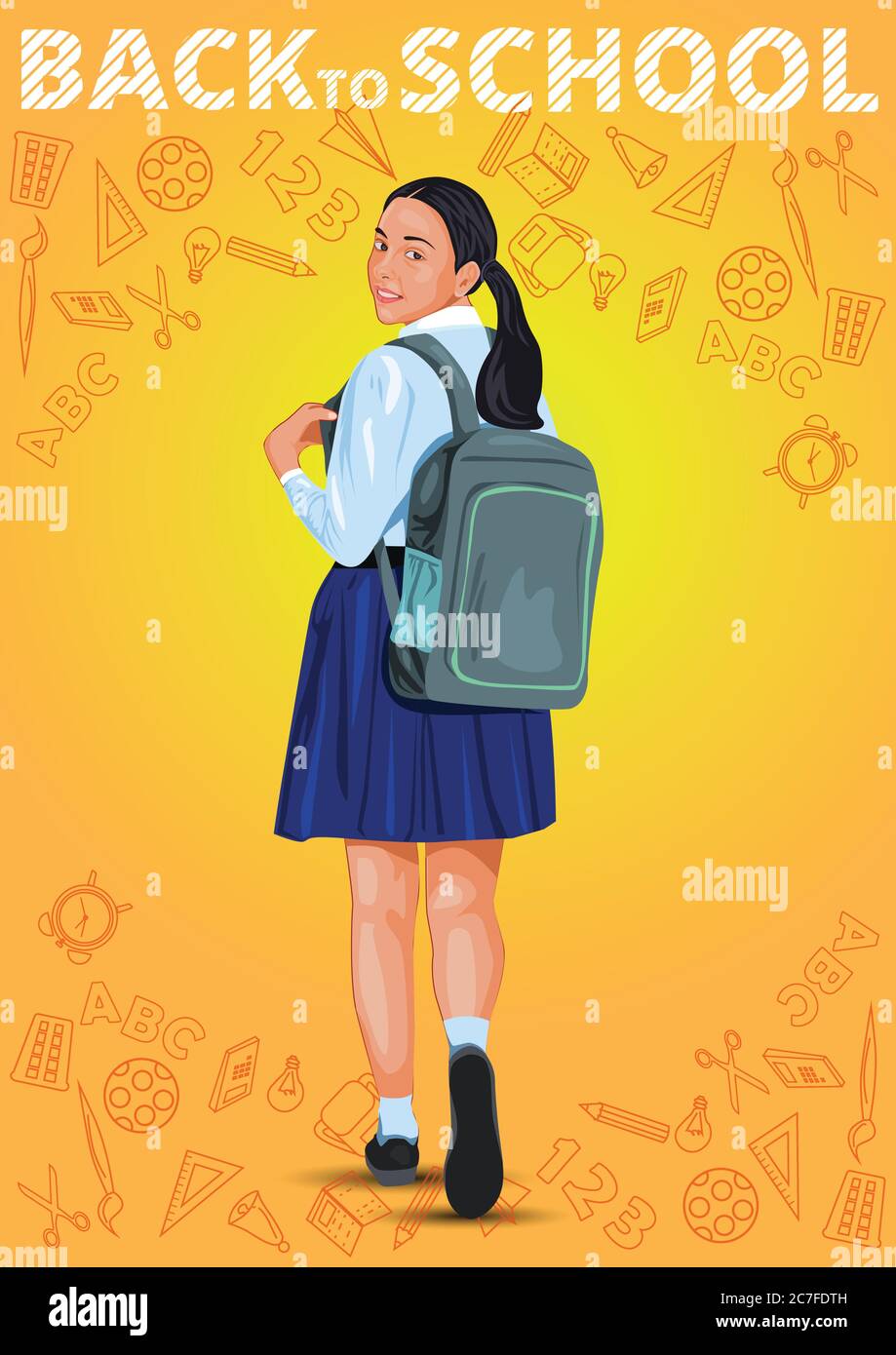 Ritorno a scuola. Illustrazione vettoriale della ragazza che cammina verso la scuola vista posteriore sta guardando indietro Illustrazione Vettoriale
