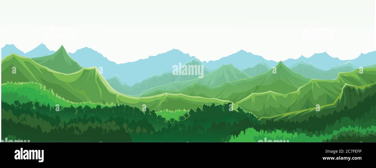 Montagne silhouette paesaggio vettore. Scenario della gamma di montaggio. Panorama dello skyline. Orizzonte. Foresta decidua, alberi verdi. Art. Bella vista. Illustrazione Vettoriale