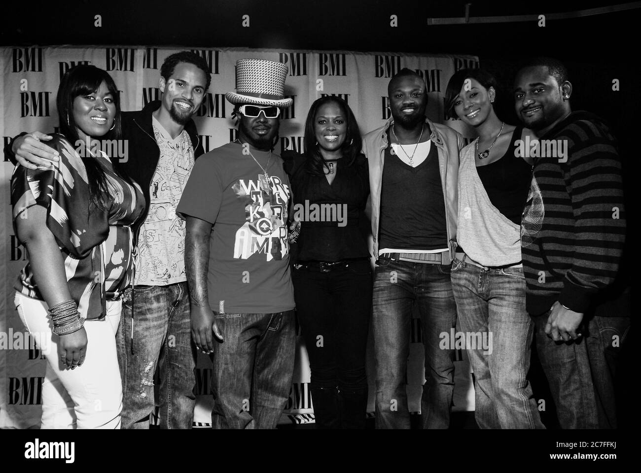 (L-R) Makeba Riddick, Quddus Philippe, T-Pain, Catherine Brewton, Wardell Malloy, Keri Hilson e Byron Wright al BMI Panel del Key Club di W. Hollywood. Credito: Jared Milgrim/l'accesso fotografico Foto Stock