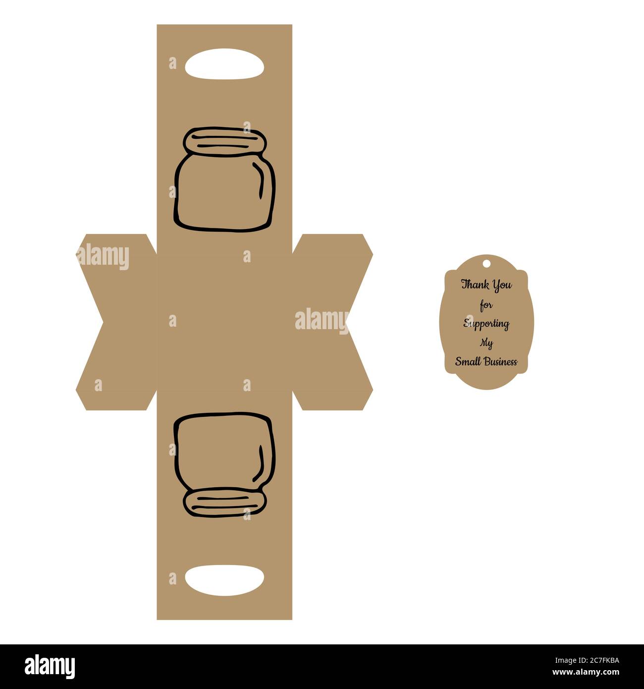 Confezione semplice Box Die Cut Cube Template con vaso e tag con testo "grazie per il supporto di My Small Business" su sfondo bianco - Vector Draw G. Illustrazione Vettoriale