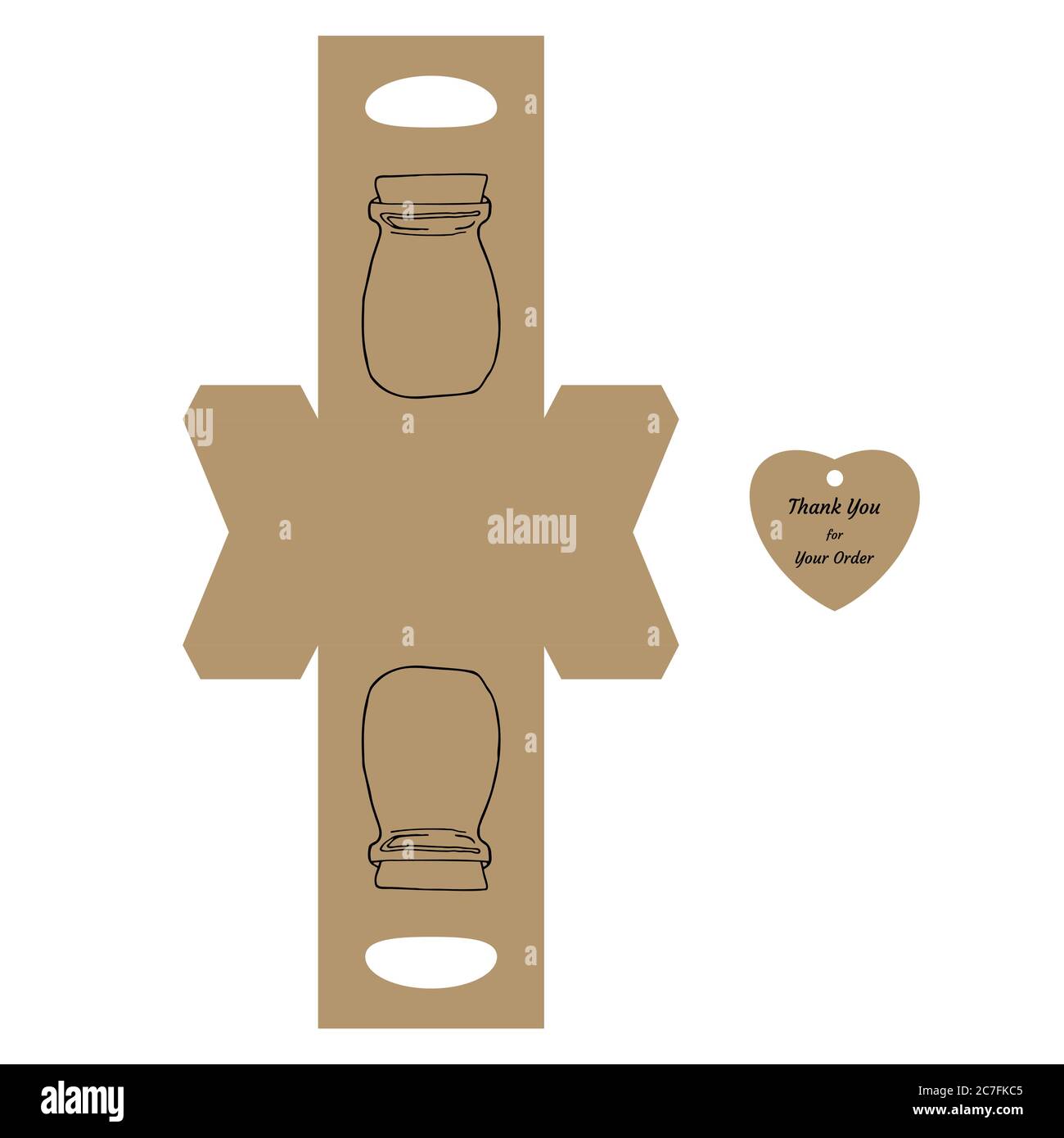 Confezione semplice Box Die Cut Cube Template con vaso e tag con testo "grazie per il tuo ordine" su sfondo bianco - disegno grafico vettoriale. Illustrazione Vettoriale