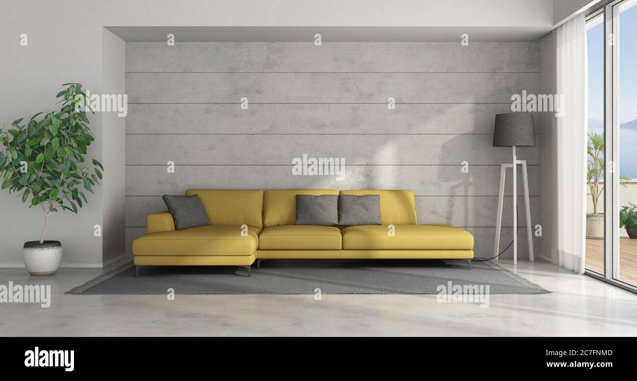 Soggiorno minimalista con divano giallo contro parete in cemento - rendering 3d Foto Stock